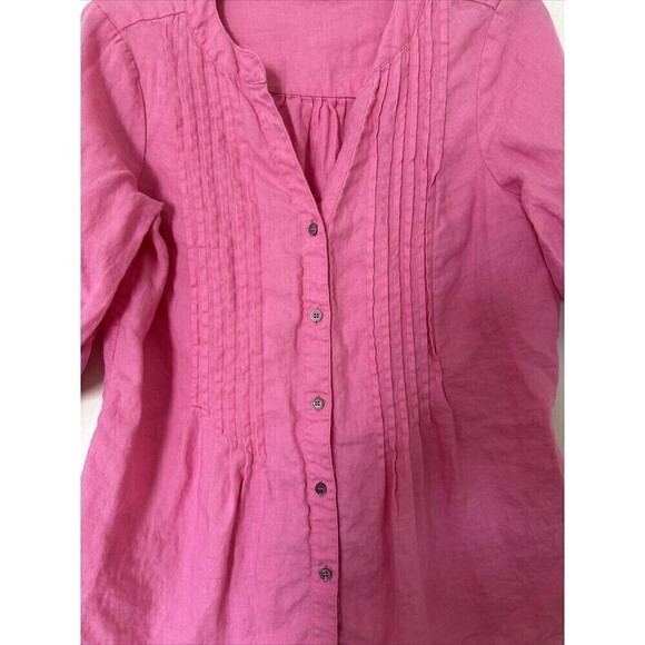 Chaus Sport Top Linen women’s S Pink Roll Tab Sleeves Button up Pin Tuck Blouse - Picture 4 of 6